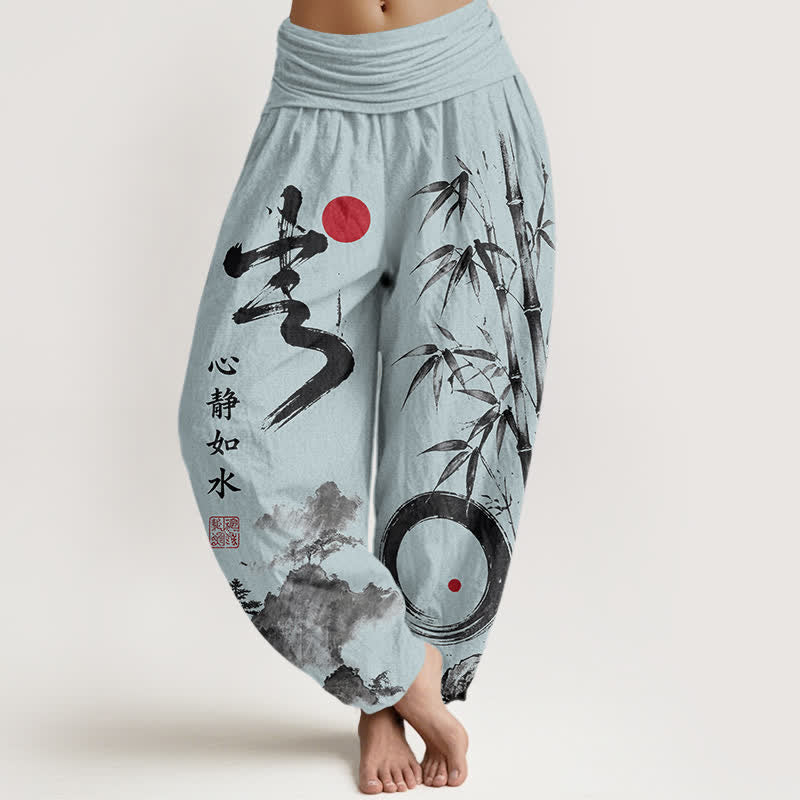 Buddha Stones Pantalones harem de mujer con cintura elástica y estampado de paisaje de bambú y algodón. - Azul claro - US16，UK/AU20，EU48 (3XL) - image 8