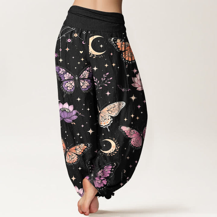 Buddha Stones Pantalones harem de algodón con estampado de mariposas, luna y loto para mujer con cintura elástica. - image 2