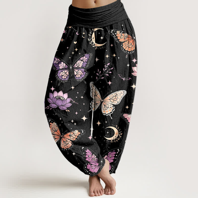 Buddha Stones Pantalones harem de algodón con estampado de mariposas, luna y loto para mujer con cintura elástica. - Negro - US16，UK/AU20，EU48 (3XL) - image 0