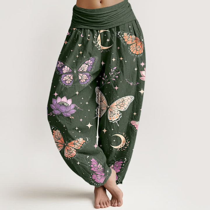 Buddha Stones Pantalones harem de algodón con estampado de mariposas, luna y loto para mujer con cintura elástica. - Verde bosque - US16，UK/AU20，EU48 (3XL) - image 5