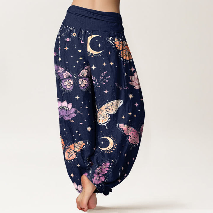 Buddha Stones Pantalones harem de algodón con estampado de mariposas, luna y loto para mujer con cintura elástica. - image 10