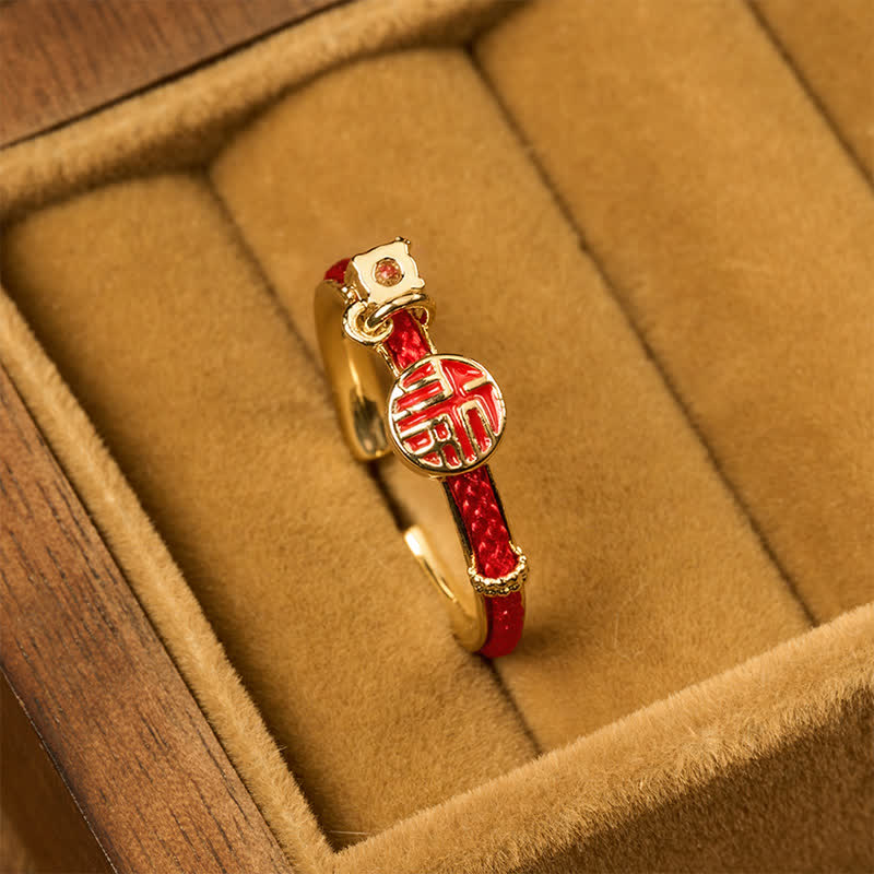 Buddha Stones Anillo abierto de la suerte con personaje de cuerda roja redonda - image 1