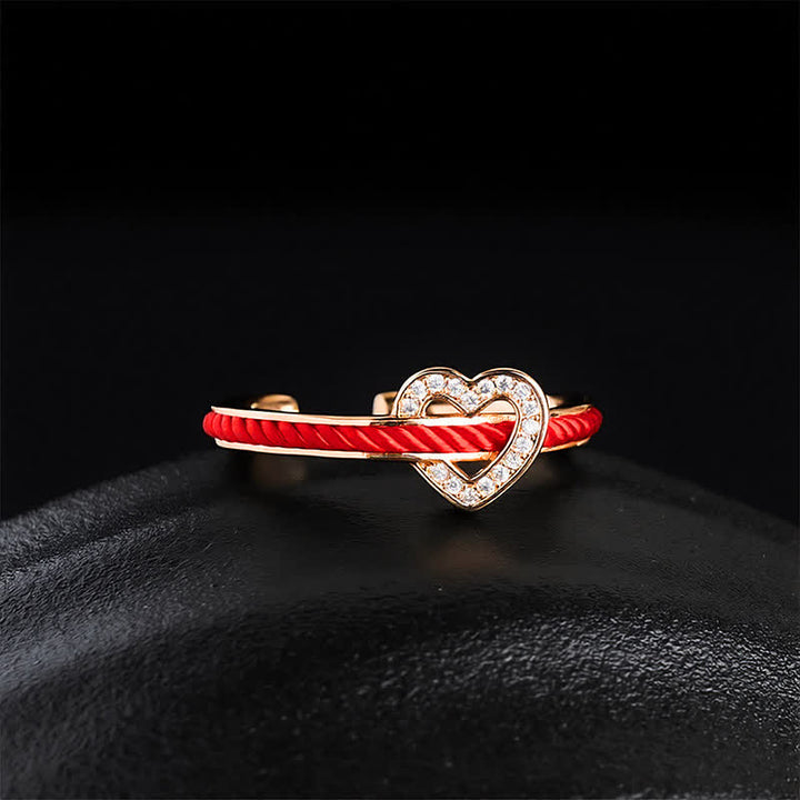 Buddha Stones Anillo abierto de la suerte con forma de corazón y cuerda roja de cobre - image 10