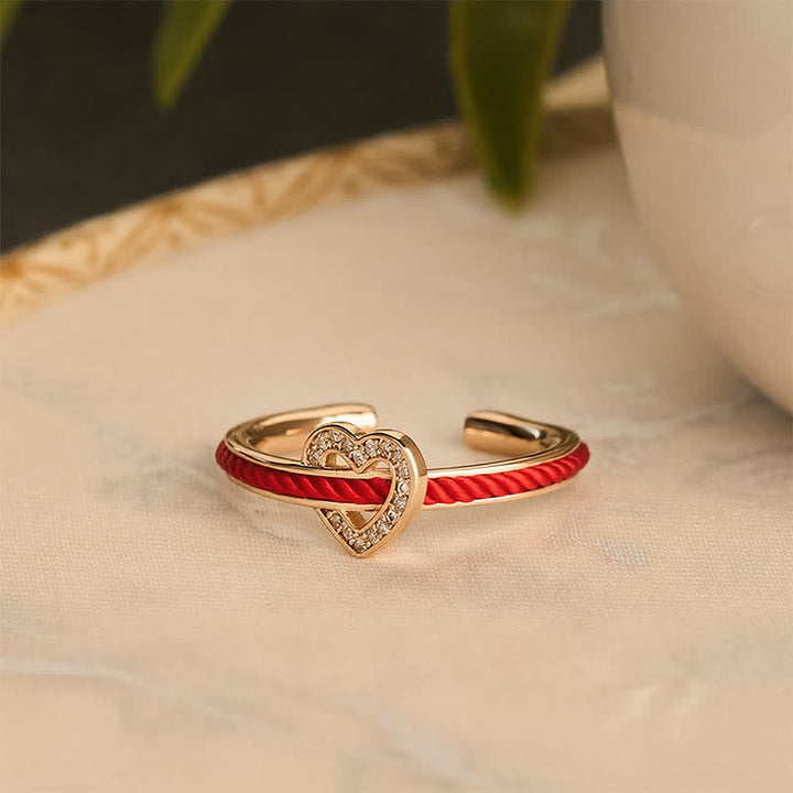 Buddha Stones Anillo abierto de la suerte con forma de corazón y cuerda roja de cobre - image 11
