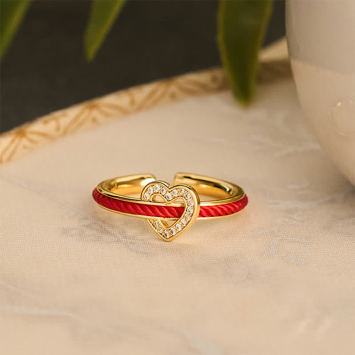 Buddha Stones Anillo abierto de la suerte con forma de corazón y cuerda roja de cobre - image 5