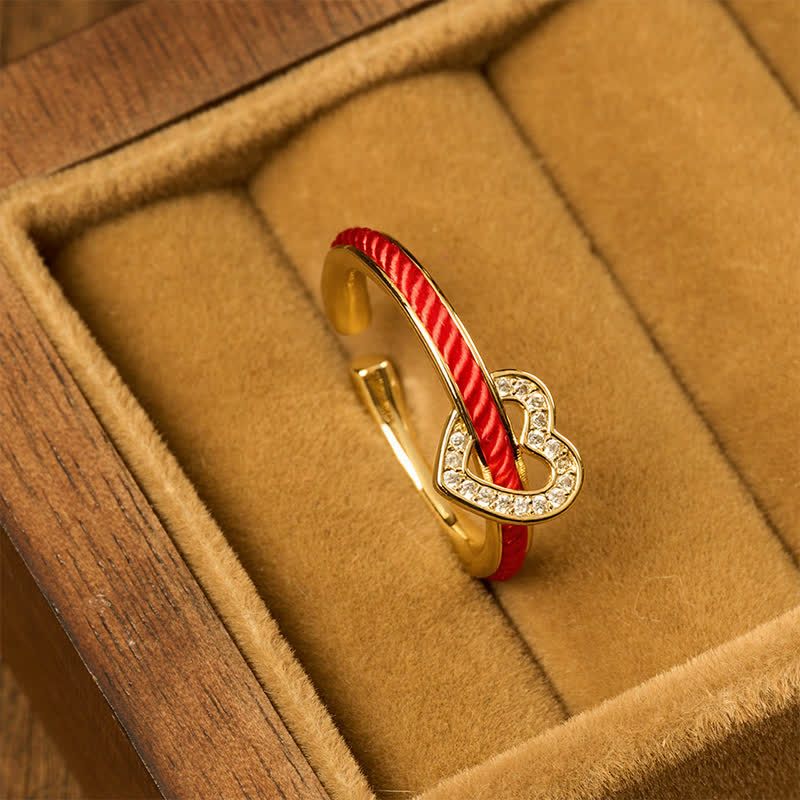 Buddha Stones Anillo abierto de la suerte con forma de corazón y cuerda roja de cobre - image 1