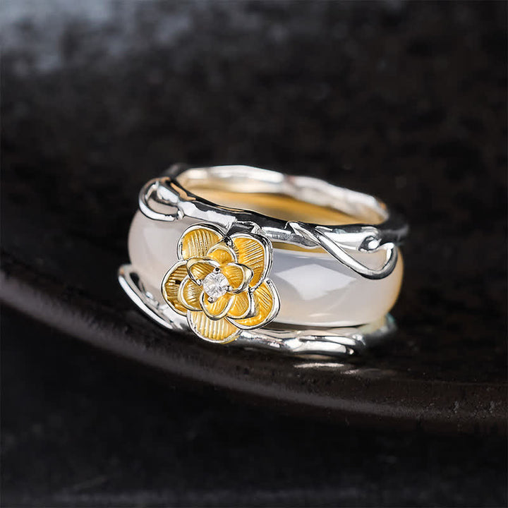 Buddha Stones Anillo de positividad de doble uso con calcedonia y osmanto color miel - image 1