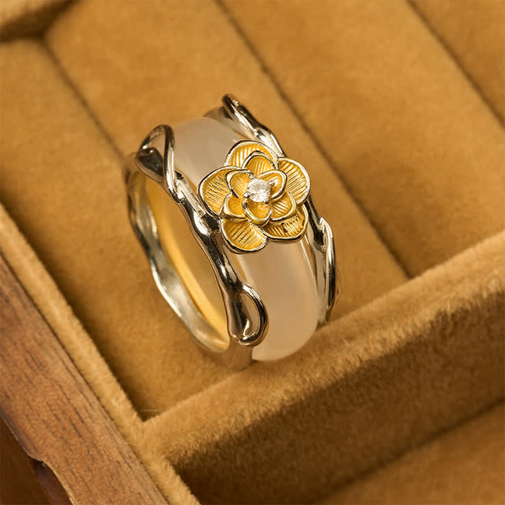 Buddha Stones Anillo de positividad de doble uso con calcedonia y osmanto color miel - image 3