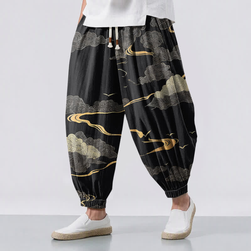 Buddha Stones Pantalones harem para hombre de algodón puro con estampado de nubes doradas, cordón ajustable y bolsillos. - Negro - US/UK/AU50, EU60 (5XL) - image 0