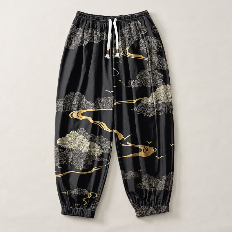 Buddha Stones Pantalones harem para hombre de algodón puro con estampado de nubes doradas, cordón ajustable y bolsillos. - image 1