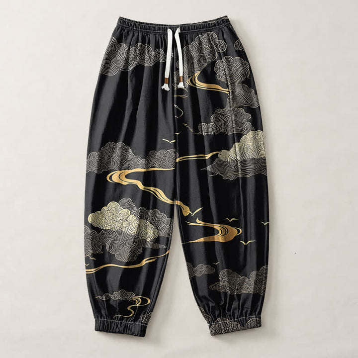 Buddha Stones Pantalones harem para hombre de algodón puro con estampado de nubes doradas, cordón ajustable y bolsillos. - image 1