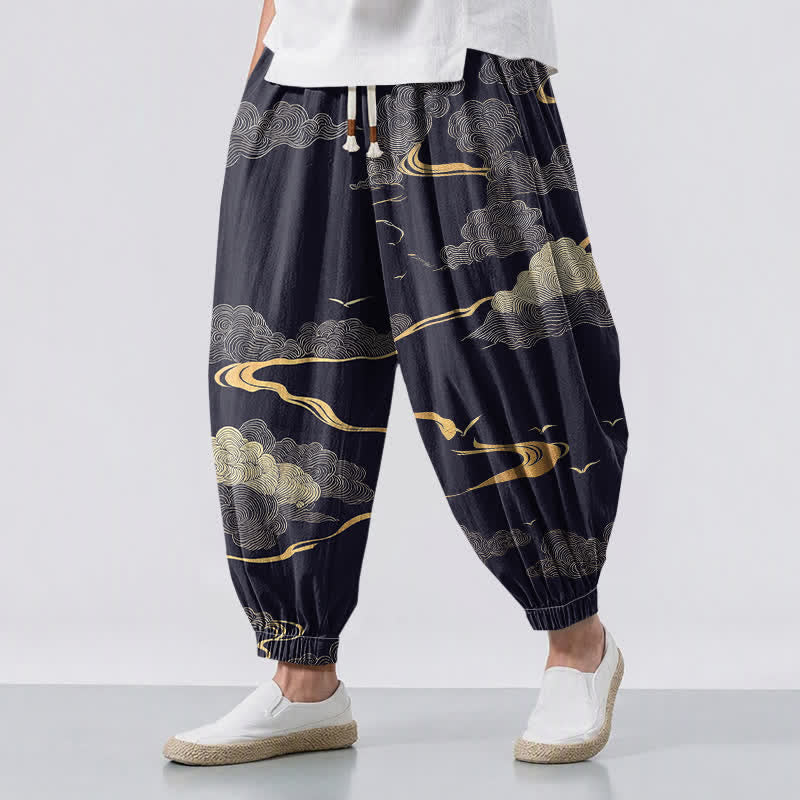 Buddha Stones Pantalones harem para hombre de algodón puro con estampado de nubes doradas, cordón ajustable y bolsillos. - Marina de guerra - US/UK/AU50, EU60 (5XL) - image 12