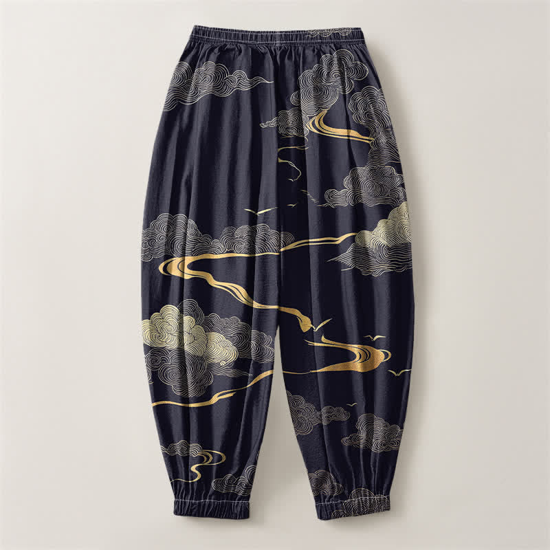 Buddha Stones Pantalones harem para hombre de algodón puro con estampado de nubes doradas, cordón ajustable y bolsillos. - image 14