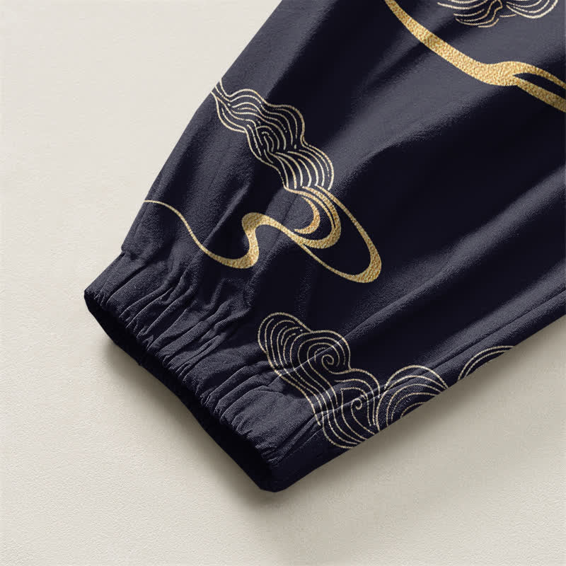 Buddha Stones Pantalones harem para hombre de algodón puro con estampado de nubes doradas, cordón ajustable y bolsillos. - image 16