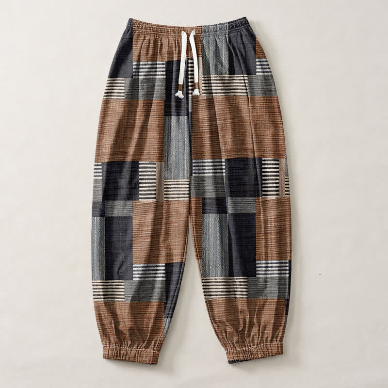 Buddha Stones Pantalones harem para hombre de algodón puro con estampado de retazos, cuadros y rayas, cordón ajustable y bolsillos. - image 1