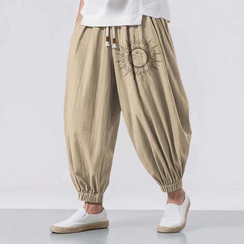 Buddha Stones Pantalones harem para hombre de algodón puro con estampado de cara de sol, cordón ajustable y bolsillos. - BurlyWood - US/UK/AU50, EU60 (5XL) - image 0