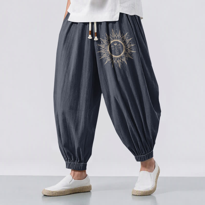 Buddha Stones Pantalones harem para hombre de algodón puro con estampado de cara de sol, cordón ajustable y bolsillos. - Gris pizarra - US/UK/AU50, EU60 (5XL) - image 6