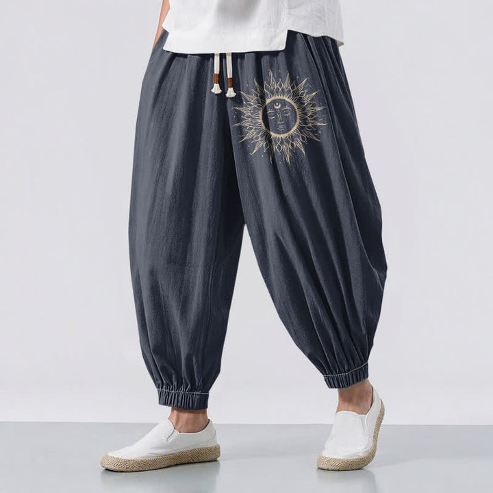 Buddha Stones Pantalones harem para hombre de algodón puro con estampado de cara de sol, cordón ajustable y bolsillos. - Gris pizarra - US/UK/AU50, EU60 (5XL) - image 6
