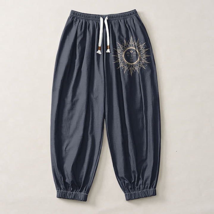 Buddha Stones Pantalones harem para hombre de algodón puro con estampado de cara de sol, cordón ajustable y bolsillos. - image 7