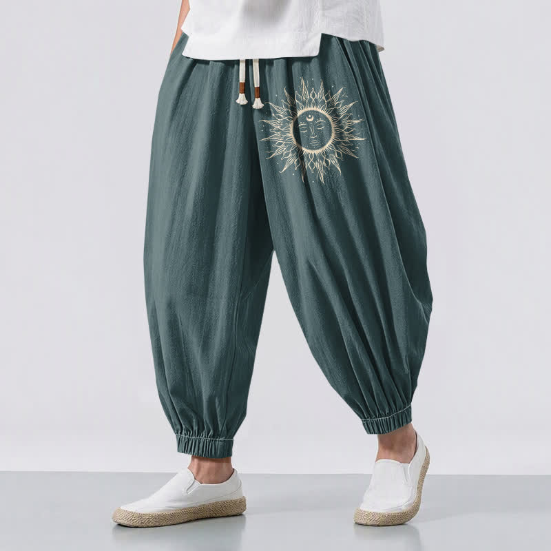 Buddha Stones Pantalones harem para hombre de algodón puro con estampado de cara de sol, cordón ajustable y bolsillos. - Verde azulado - US/UK/AU50, EU60 (5XL) - image 12