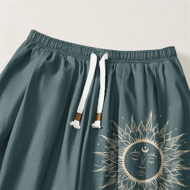 Buddha Stones Pantalones harem para hombre de algodón puro con estampado de cara de sol, cordón ajustable y bolsillos. - image 15