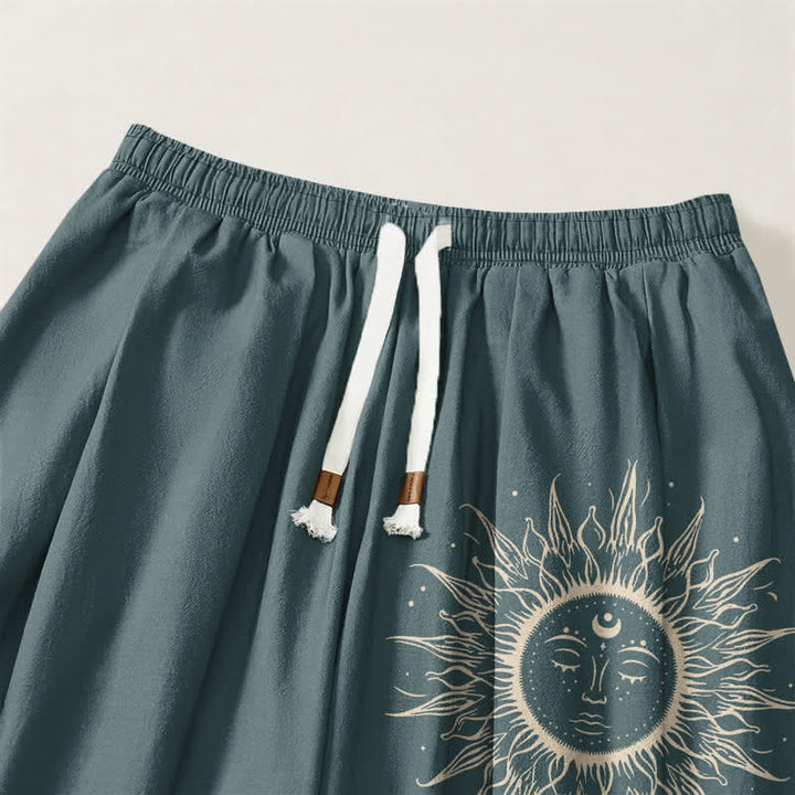 Buddha Stones Pantalones harem para hombre de algodón puro con estampado de cara de sol, cordón ajustable y bolsillos. - image 15