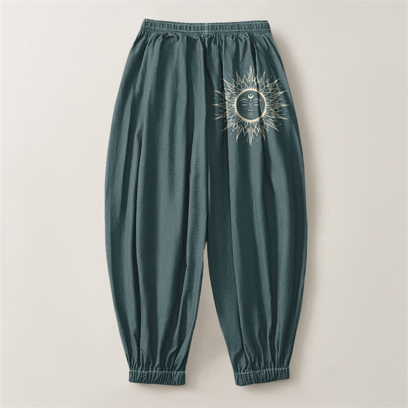 Buddha Stones Pantalones harem para hombre de algodón puro con estampado de cara de sol, cordón ajustable y bolsillos. - image 14