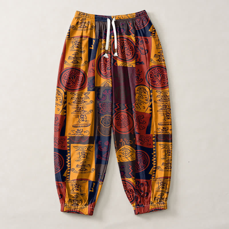 Buddha Stones Pantalones harem para hombre de algodón puro con estampado de medallón tribal y cordón ajustable, con bolsillos. - image 1