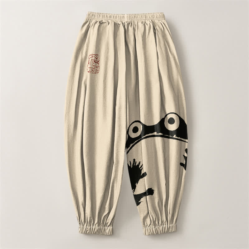 Buddha Stones Pantalones harem para hombre de algodón puro con estampado de ranas y cordón ajustable, con bolsillos. - image 2