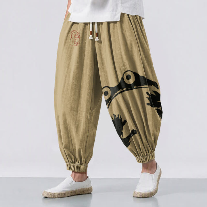Buddha Stones Pantalones harem para hombre de algodón puro con estampado de ranas y cordón ajustable, con bolsillos. - Broncearse - US/UK/AU50, EU60 (5XL) - image 6