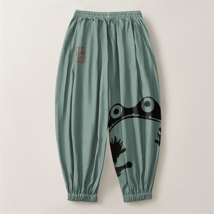 Buddha Stones Pantalones harem para hombre de algodón puro con estampado de ranas y cordón ajustable, con bolsillos. - image 14