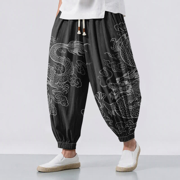 Buddha Stones Pantalones harem para hombre de algodón puro con estampado de dragones y nubes, cordón ajustable y bolsillos. - Negro - US/UK/AU50, EU60 (5XL) - image 0
