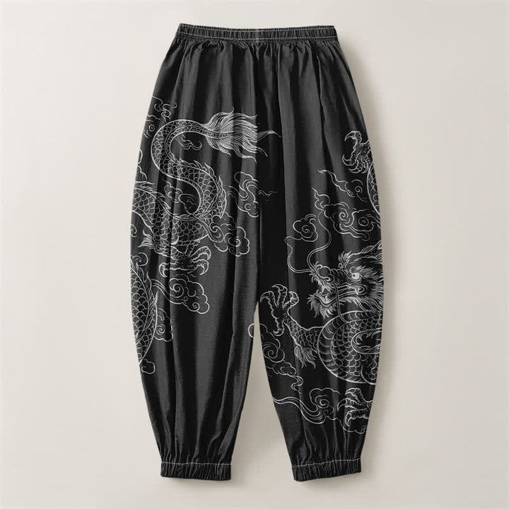 Buddha Stones Pantalones harem para hombre de algodón puro con estampado de dragones y nubes, cordón ajustable y bolsillos. - image 2