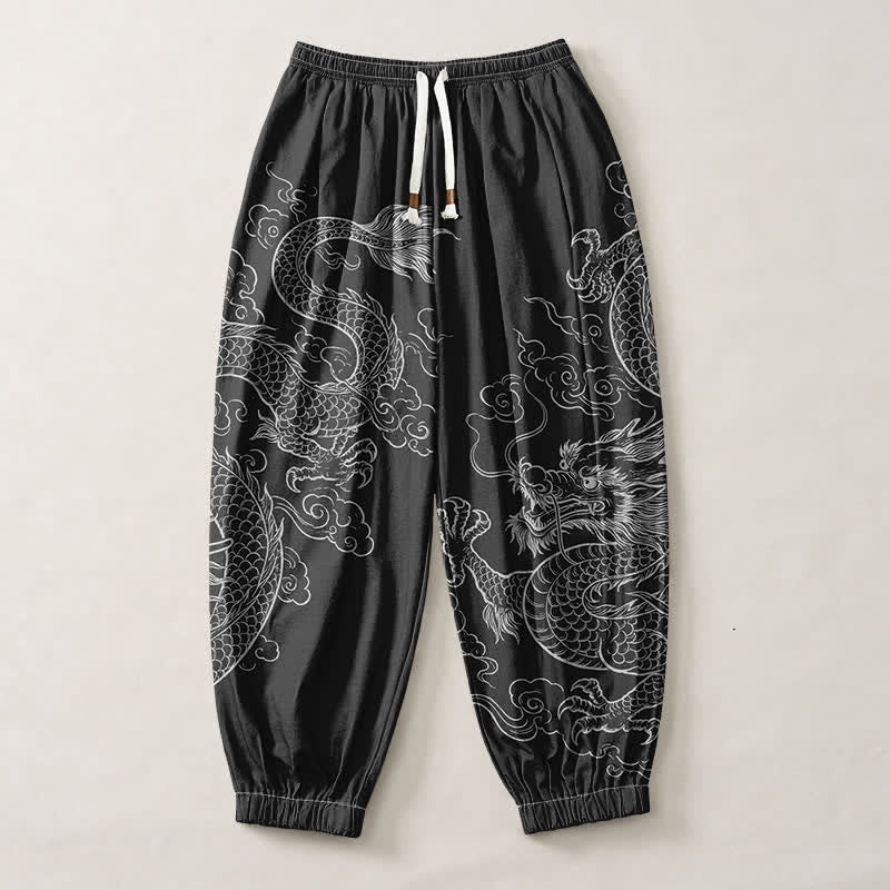 Buddha Stones Pantalones harem para hombre de algodón puro con estampado de dragones y nubes, cordón ajustable y bolsillos. - image 1