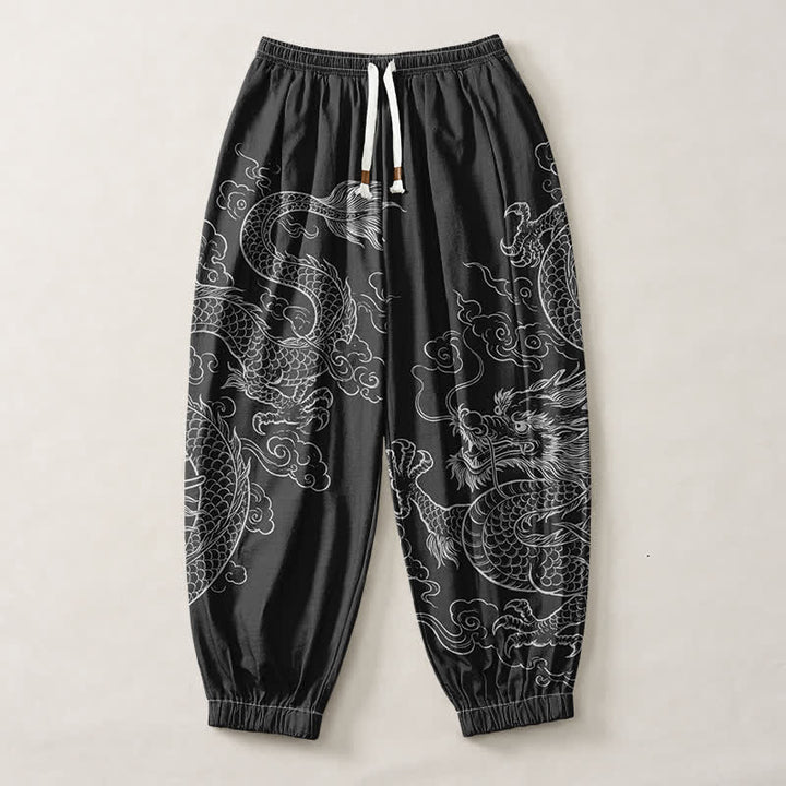 Buddha Stones Pantalones harem para hombre de algodón puro con estampado de dragones y nubes, cordón ajustable y bolsillos. - image 1