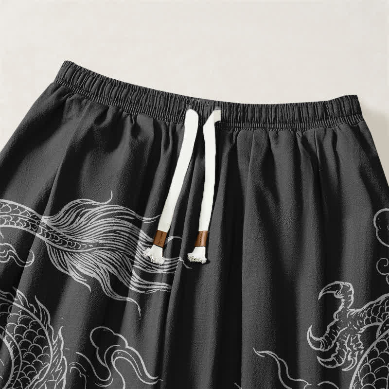 Buddha Stones Pantalones harem para hombre de algodón puro con estampado de dragones y nubes, cordón ajustable y bolsillos. - image 3