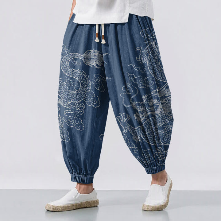 Buddha Stones Pantalones harem para hombre de algodón puro con estampado de dragones y nubes, cordón ajustable y bolsillos. - Azul acero - US/UK/AU50, EU60 (5XL) - image 6