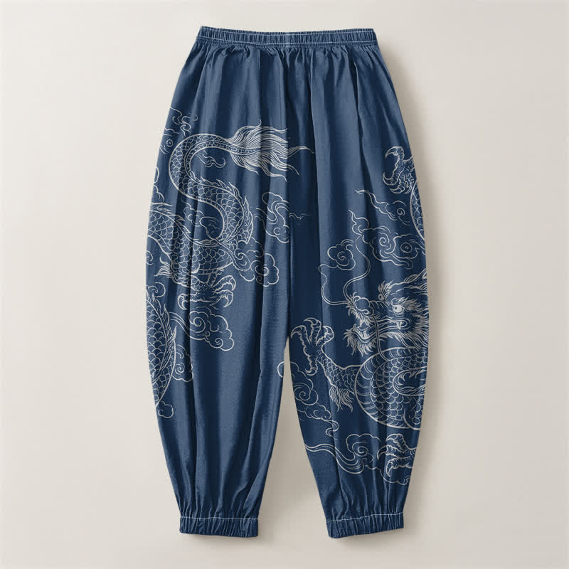Buddha Stones Pantalones harem para hombre de algodón puro con estampado de dragones y nubes, cordón ajustable y bolsillos. - image 8