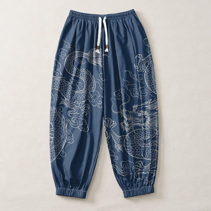 Buddha Stones Pantalones harem para hombre de algodón puro con estampado de dragones y nubes, cordón ajustable y bolsillos. - image 7