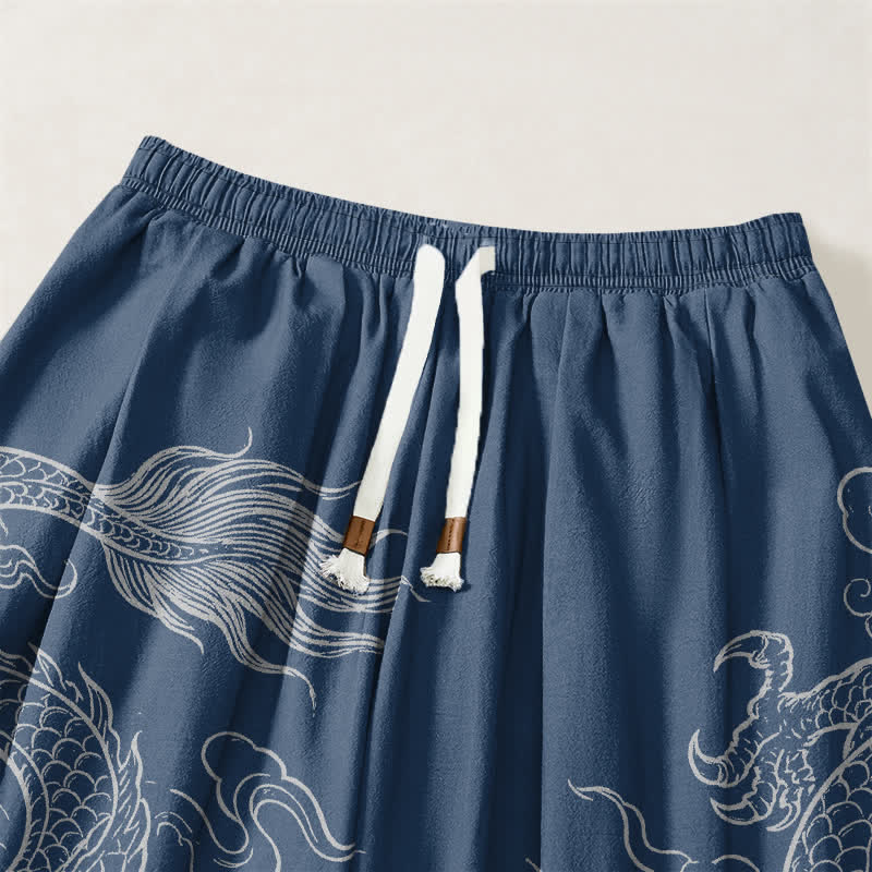 Buddha Stones Pantalones harem para hombre de algodón puro con estampado de dragones y nubes, cordón ajustable y bolsillos. - image 9