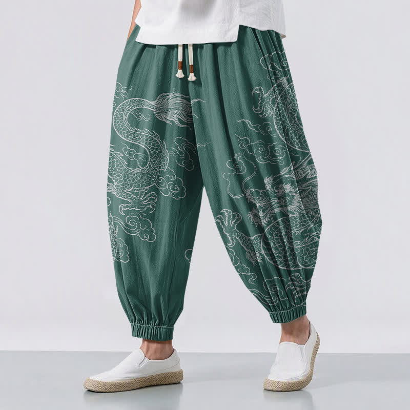Buddha Stones Pantalones harem para hombre de algodón puro con estampado de dragones y nubes, cordón ajustable y bolsillos. - Verdemar - US/UK/AU50, EU60 (5XL) - image 12