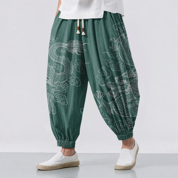 Buddha Stones Pantalones harem para hombre de algodón puro con estampado de dragones y nubes, cordón ajustable y bolsillos. - Verdemar - US/UK/AU50, EU60 (5XL) - image 12