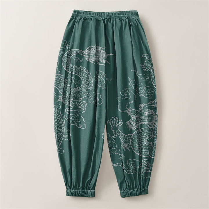 Buddha Stones Pantalones harem para hombre de algodón puro con estampado de dragones y nubes, cordón ajustable y bolsillos. - image 14
