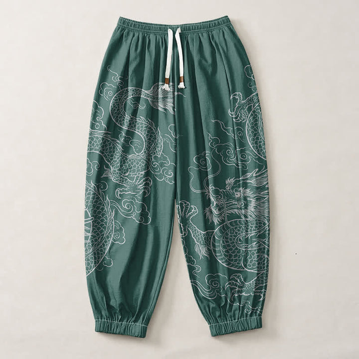 Buddha Stones Pantalones harem para hombre de algodón puro con estampado de dragones y nubes, cordón ajustable y bolsillos. - image 13
