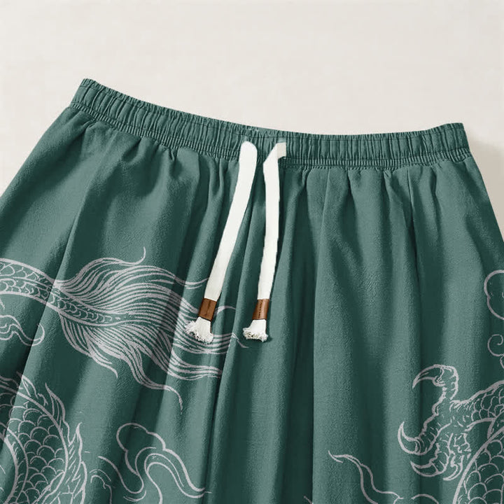 Buddha Stones Pantalones harem para hombre de algodón puro con estampado de dragones y nubes, cordón ajustable y bolsillos. - image 15