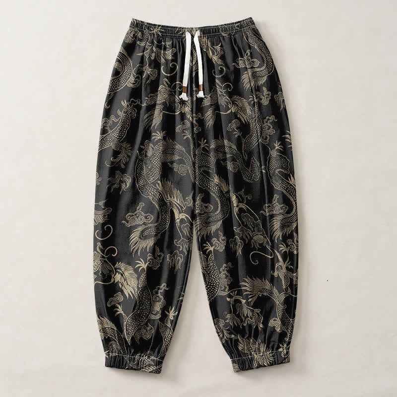 Buddha Stones Pantalones harem para hombre de algodón puro con estampado de dragón mítico y nubes auspiciosas, con cordón ajustable y bolsillos. - image 1