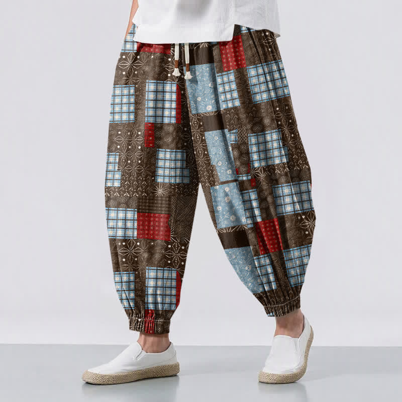 Buddha Stones Pantalones harem para hombre de algodón puro con estampado de patchwork vintage a cuadros, cordón ajustable y bolsillos. - Marrón silla de montar - US/UK/AU50, EU60 (5XL) - image 0