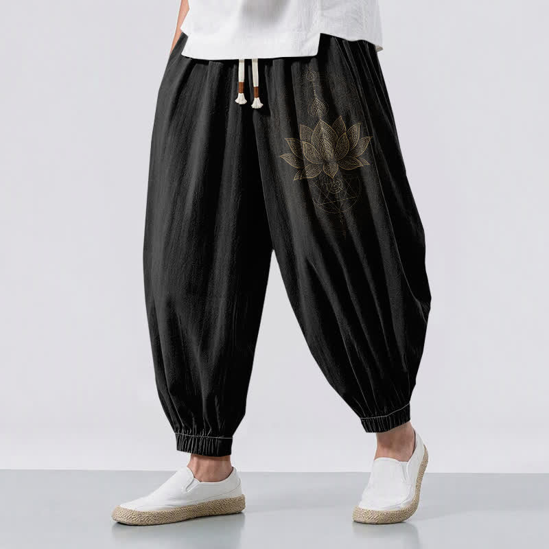 Buddha Stones Pantalones harem para hombre de algodón puro con estampado geométrico de mandala de loto dorado y cordón ajustable, con bolsillos. - Negro - US/UK/AU50, EU60 (5XL) - image 0