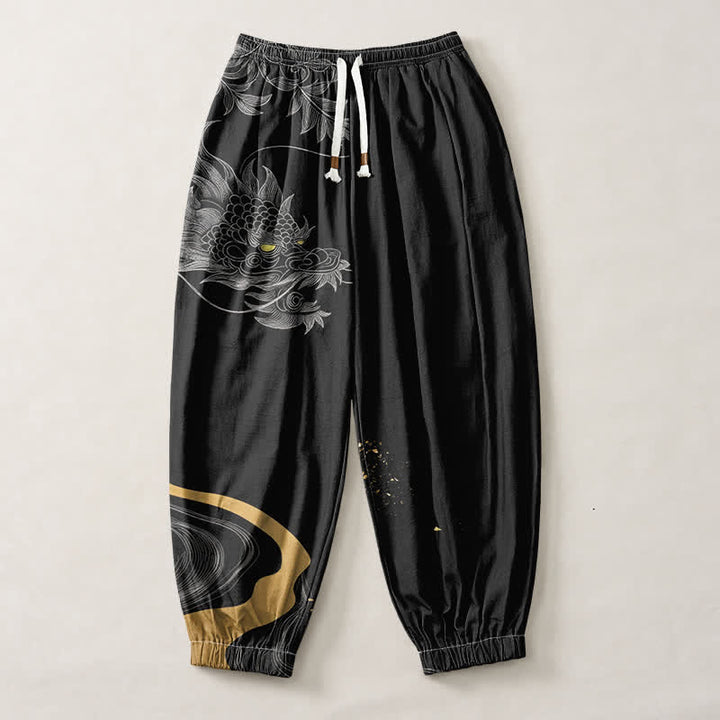 Buddha Stones Pantalones harem para hombre de algodón puro con estampado de dragón oriental, cordón ajustable y bolsillos. - image 1