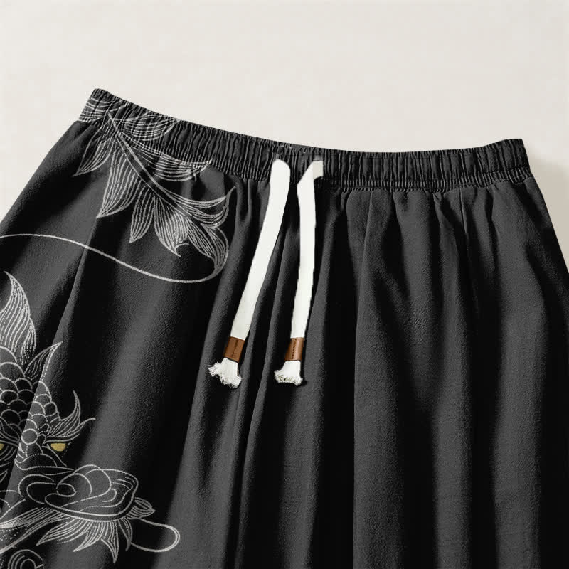 Buddha Stones Pantalones harem para hombre de algodón puro con estampado de dragón oriental, cordón ajustable y bolsillos. - image 3
